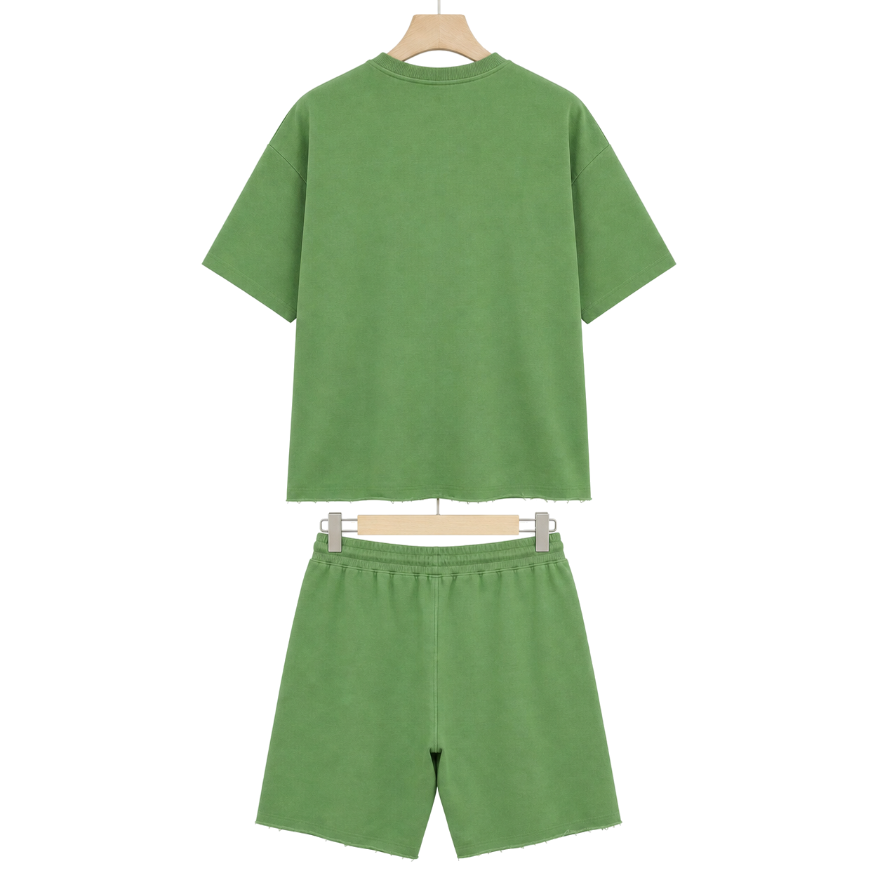 WEELZ cooling cotton crew-neck T-shirt and shorts set in green, back hanger view