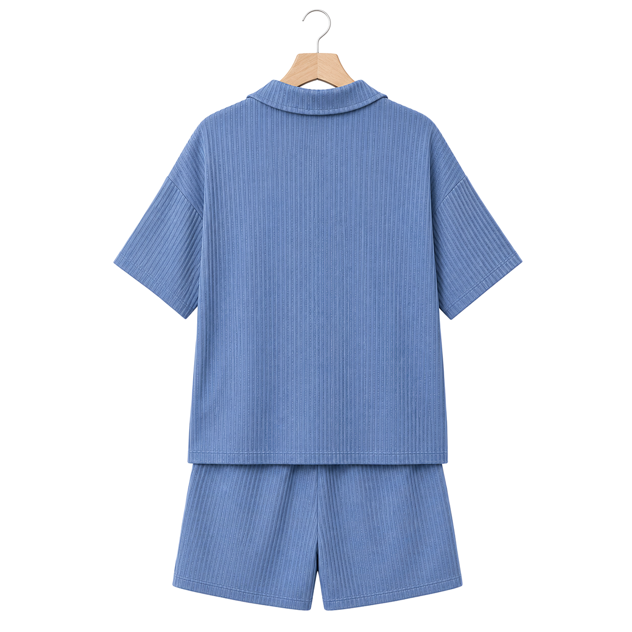 Hanger back – WEELZ petrol-blue textured V-collar shorts set