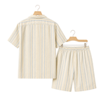 WEELZ striped linen shirt and shorts set in beige and sky blue, hanger rear view