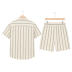 WEELZ striped linen shirt and shorts set in off-white and petrol, hanger rear view
