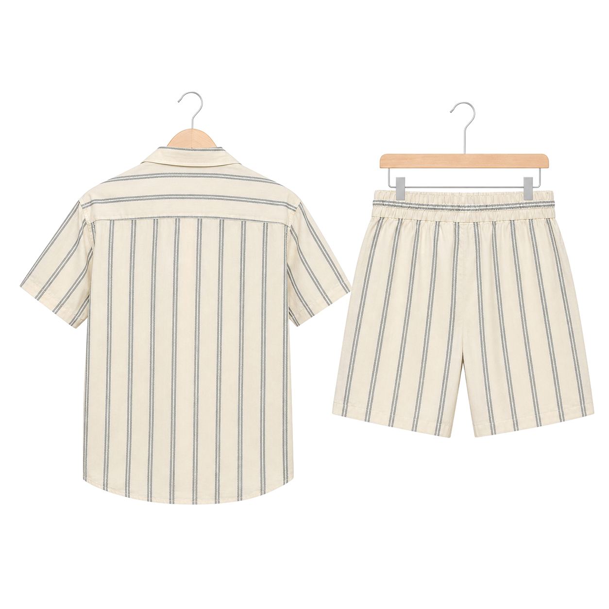 WEELZ striped linen shirt and shorts set in off-white and petrol, hanger rear view