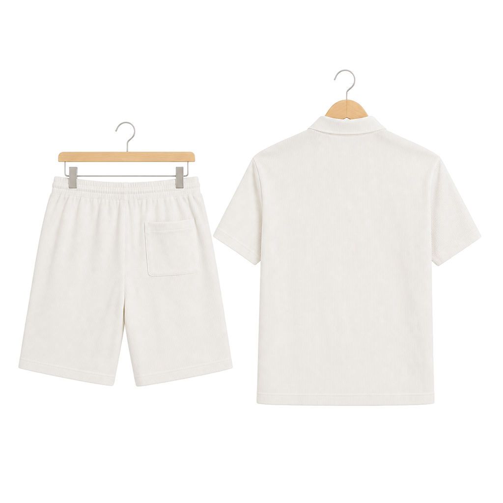 WEELZ pocket-collar cotton T-shirt and shorts set in white, hanger rear view