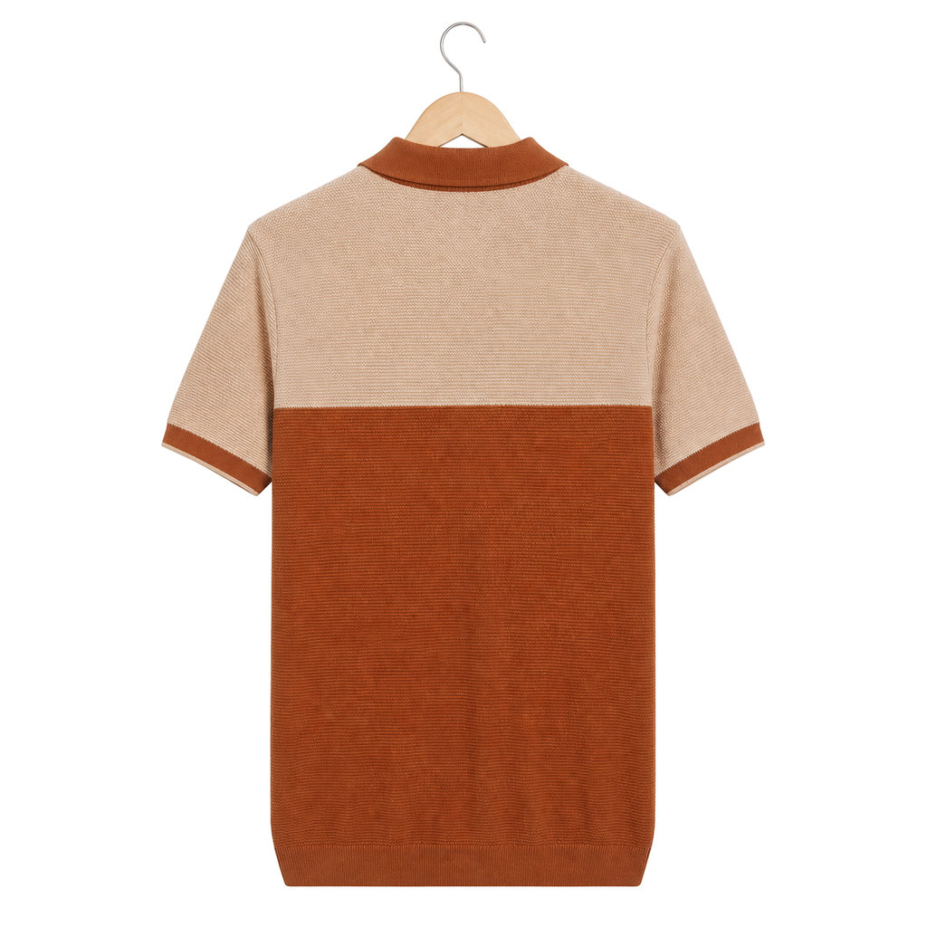 WEELZ Two-Tone Zip Knit Polo — Rust & Beige, back hanger