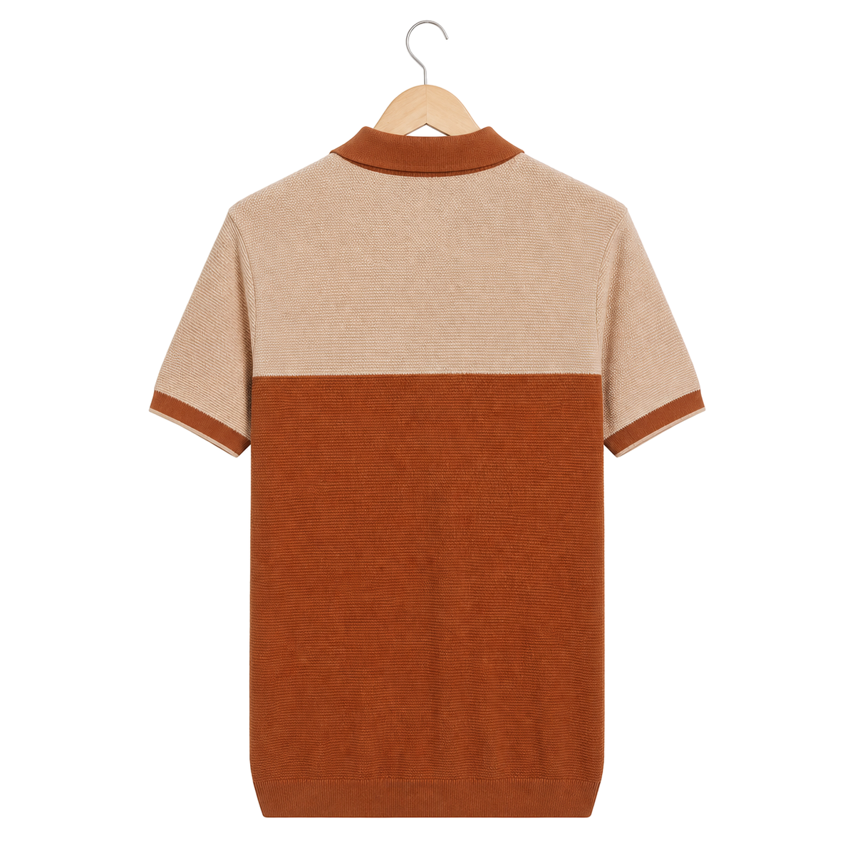 WEELZ Two-Tone Zip Knit Polo — Rust & Beige, back hanger