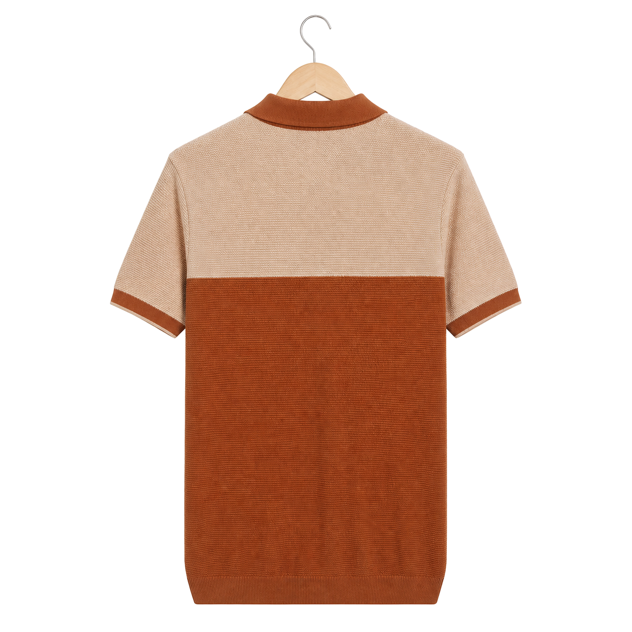 WEELZ Two-Tone Zip Knit Polo — Rust & Beige, back hanger