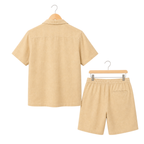 WEELZ Soft Camp-Collar Shirt & Shorts Set — Beige, back hanger