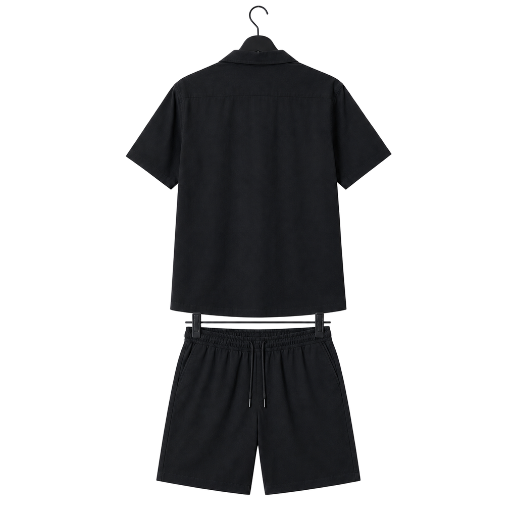 WEELZ Soft Camp-Collar Shirt & Shorts Set — Black, back hanger