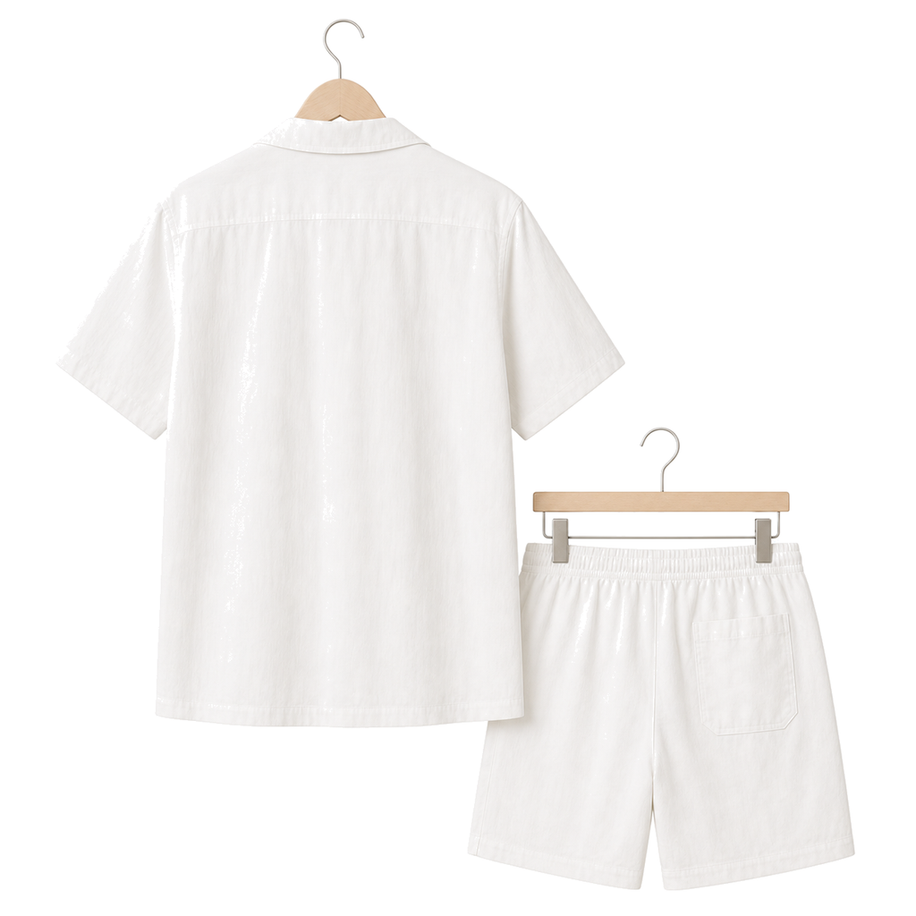 WEELZ Soft Camp-Collar Shirt & Shorts Set — White, back hanger
