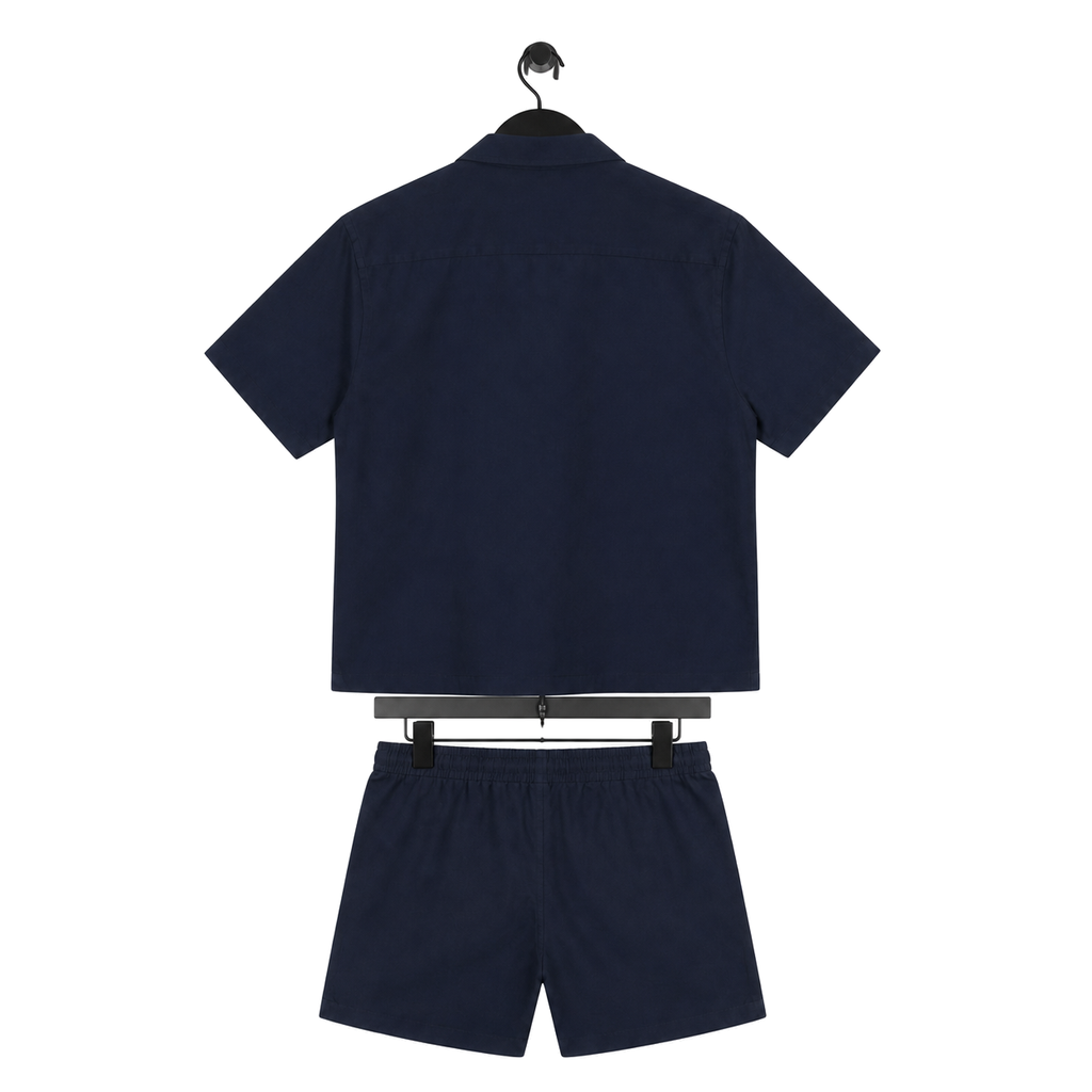 WEELZ Soft Camp-Collar Shirt & Shorts Set — Navy, back hanger