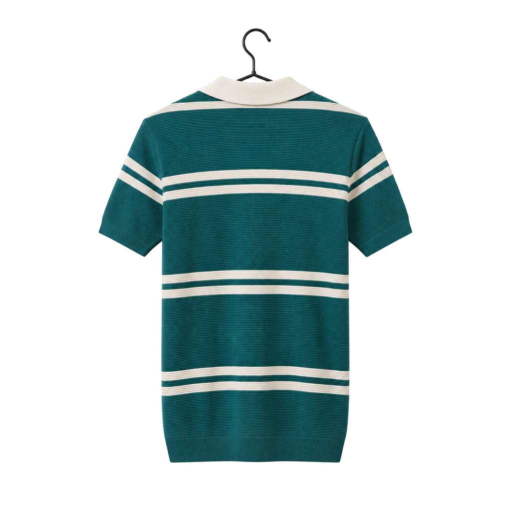 WEELZ Horizontal Stripe Open-Collar Knit Polo — Teal & Cream, back hanger