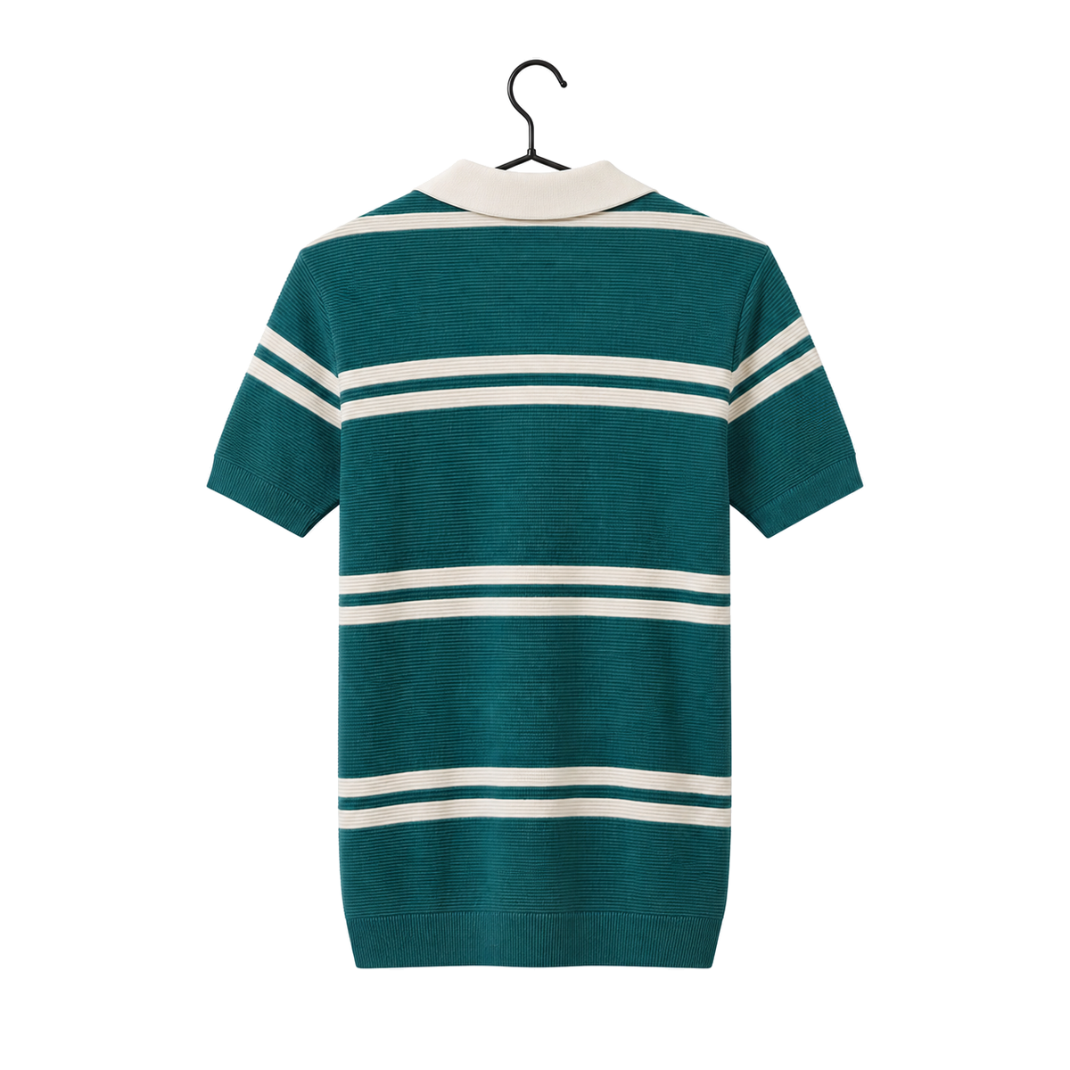 WEELZ Horizontal Stripe Open-Collar Knit Polo — Teal & Cream, back hanger