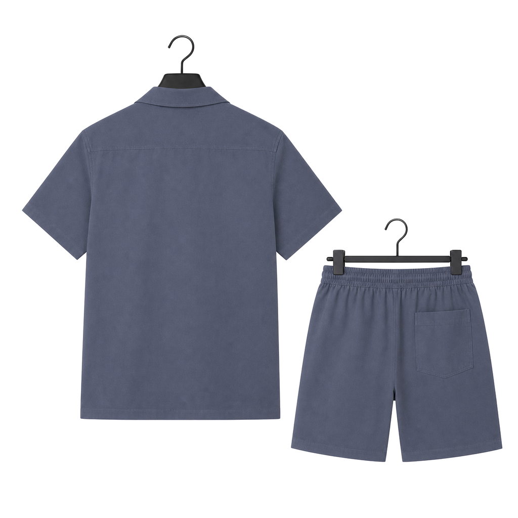 WEELZ Soft Camp-Collar Shirt & Shorts Set — Petrol Blue, back hanger
