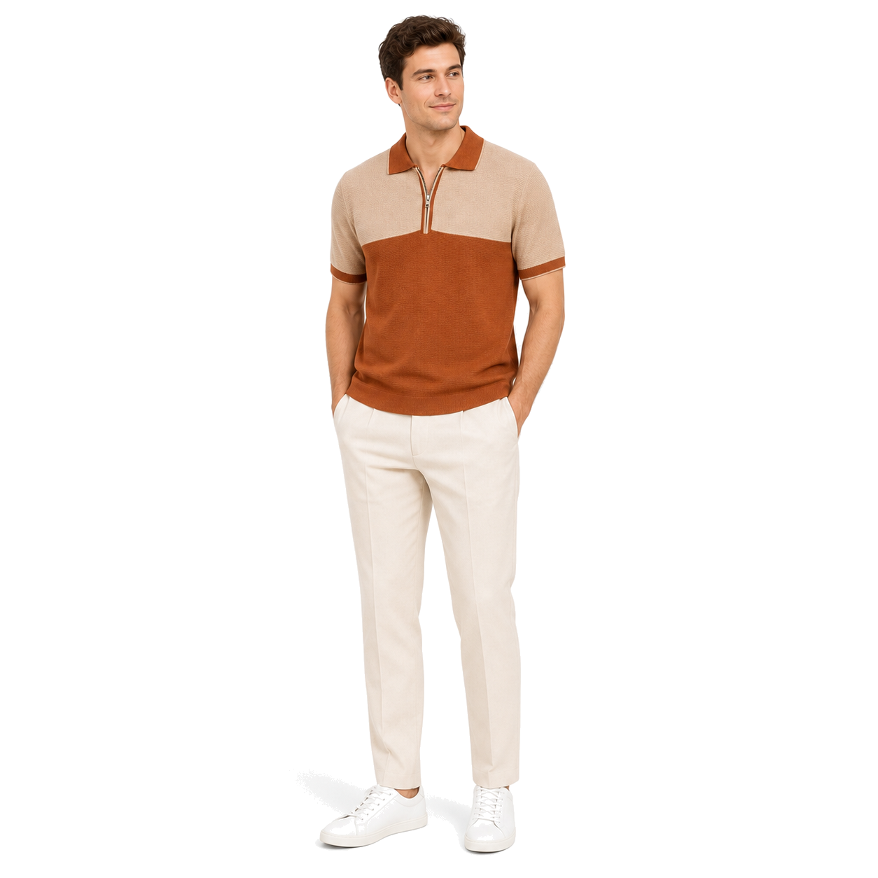 WEELZ Two-Tone Zip Knit Polo — Rust & Beige, model look 1
