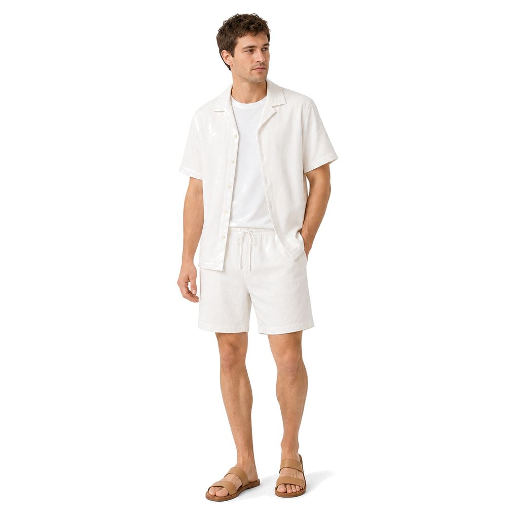 WEELZ Soft Camp-Collar Shirt & Shorts Set — White, model look 1