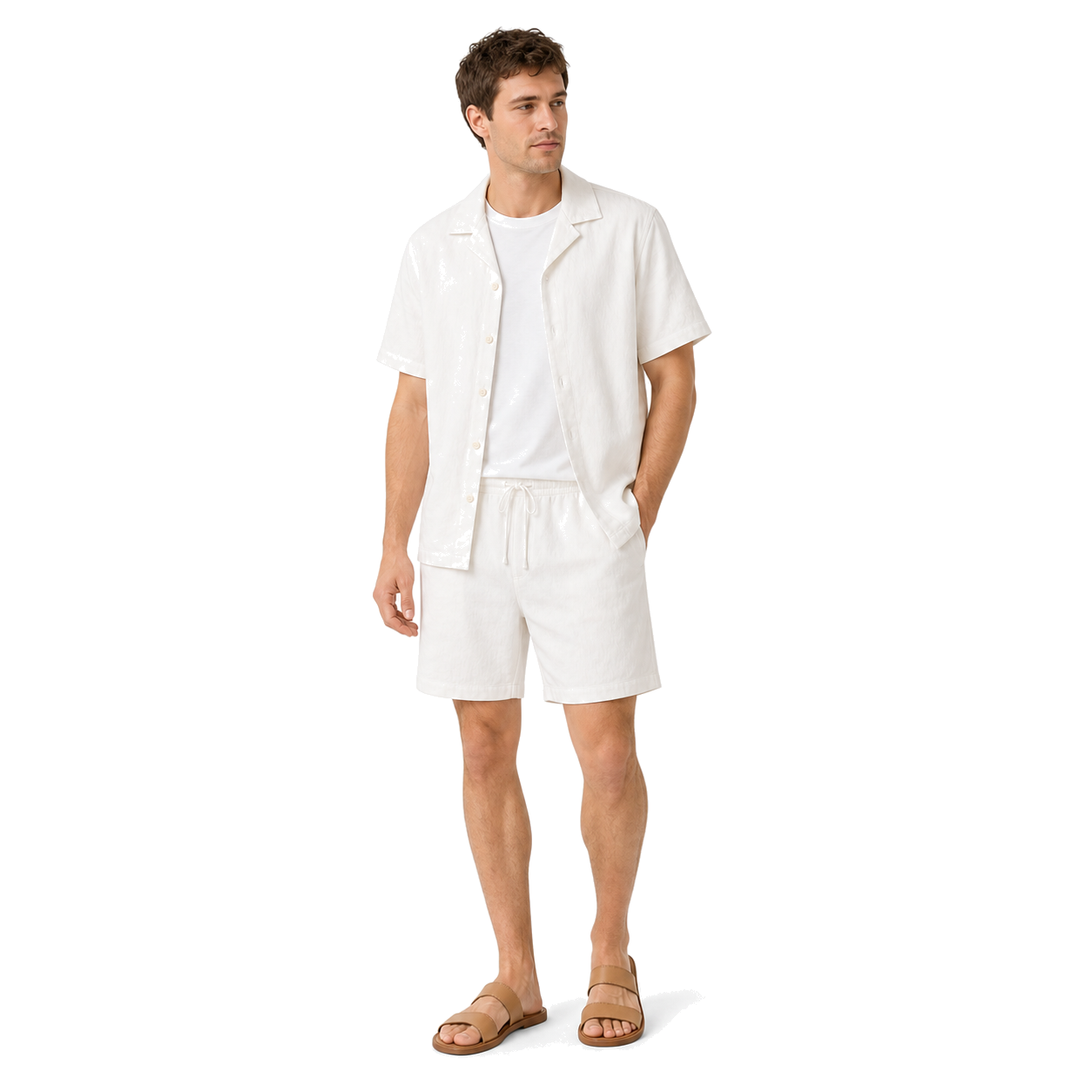 WEELZ Soft Camp-Collar Shirt & Shorts Set — White, model look 1
