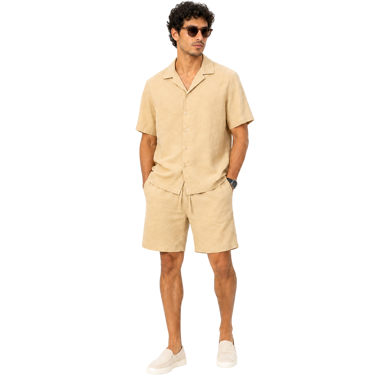 WEELZ Soft Camp-Collar Shirt & Shorts Set — Beige, model look 1