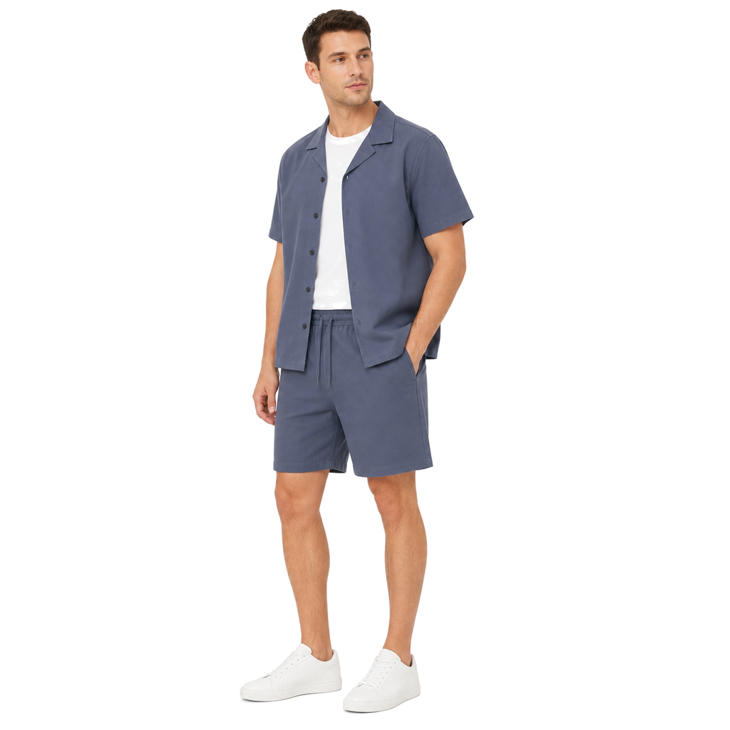 WEELZ Soft Camp-Collar Shirt & Shorts Set — Petrol Blue, model look 1