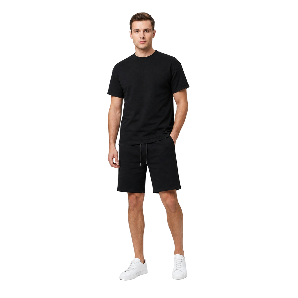 WEELZ cooling cotton crew-neck T-shirt and shorts set in black, styled model view one