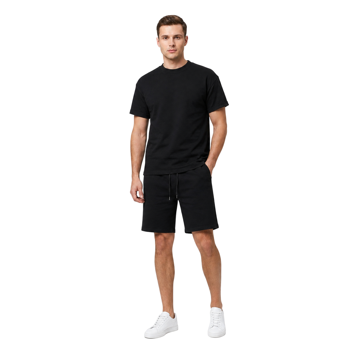 WEELZ cooling cotton crew-neck T-shirt and shorts set in black, styled model view one