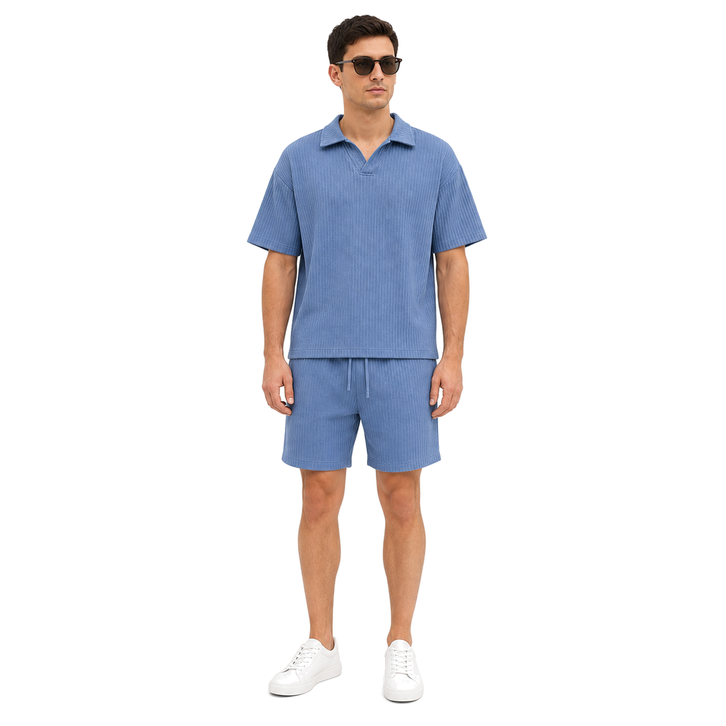 Model front – WEELZ petrol-blue textured V-collar shorts set