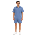 Model front – WEELZ petrol-blue textured V-collar shorts set