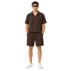 Model front – WEELZ dark cocoa textured V-collar shorts set