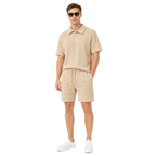Model front – WEELZ beige button-collar cotton shorts set