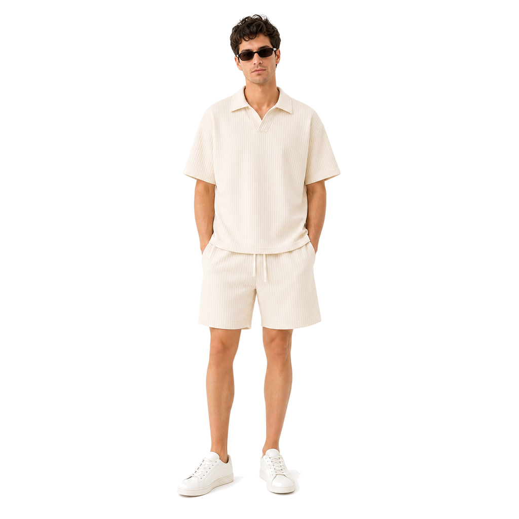 Model front – WEELZ off-white textured V-collar shorts set