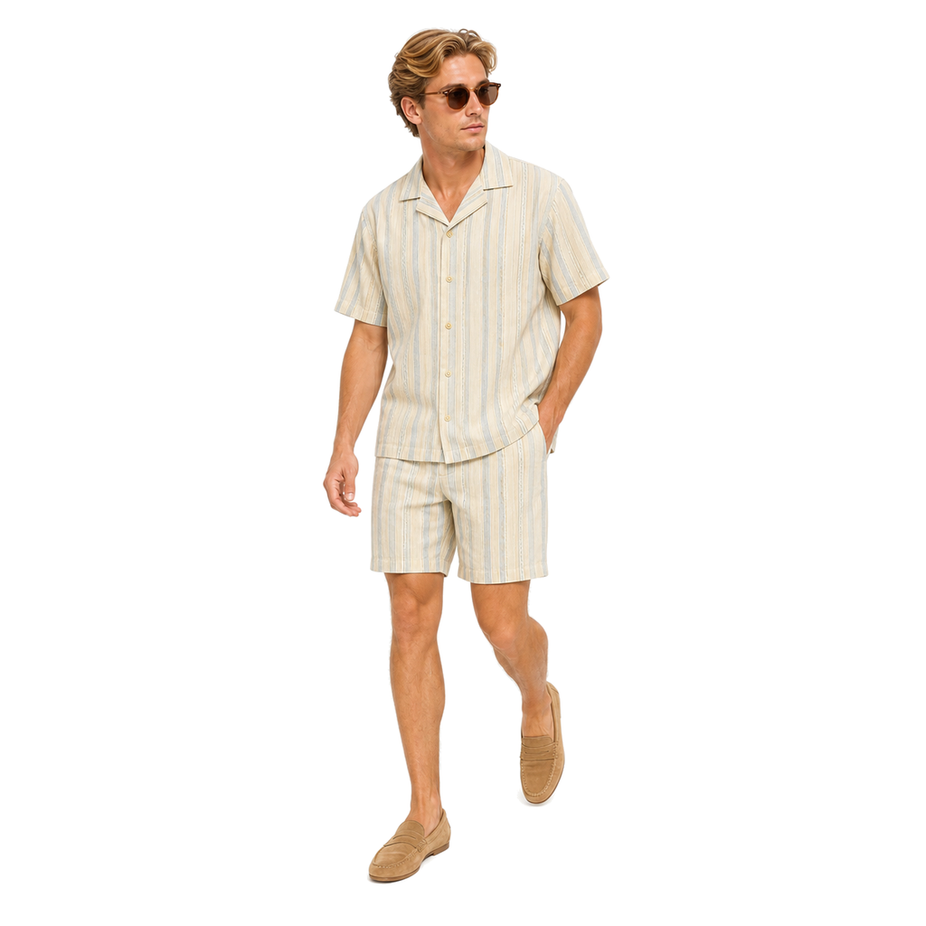 WEELZ striped linen shirt and shorts set in beige and sky blue, model look one