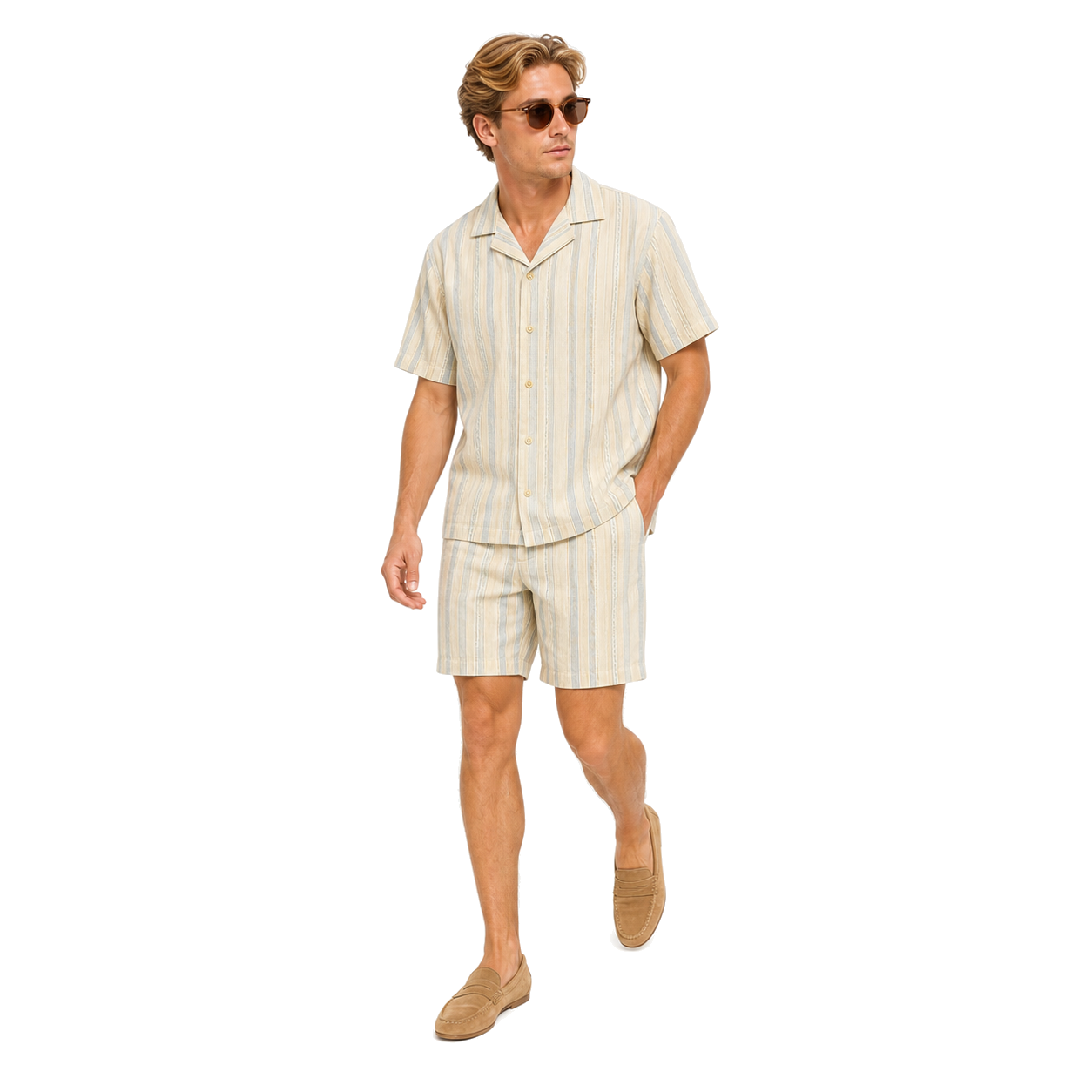 WEELZ striped linen shirt and shorts set in beige and sky blue, model look one