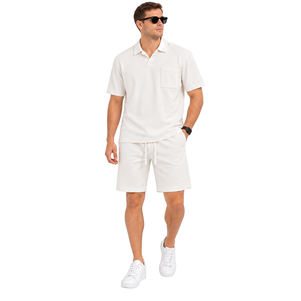 WEELZ pocket-collar cotton T-shirt and shorts set in white, model look one