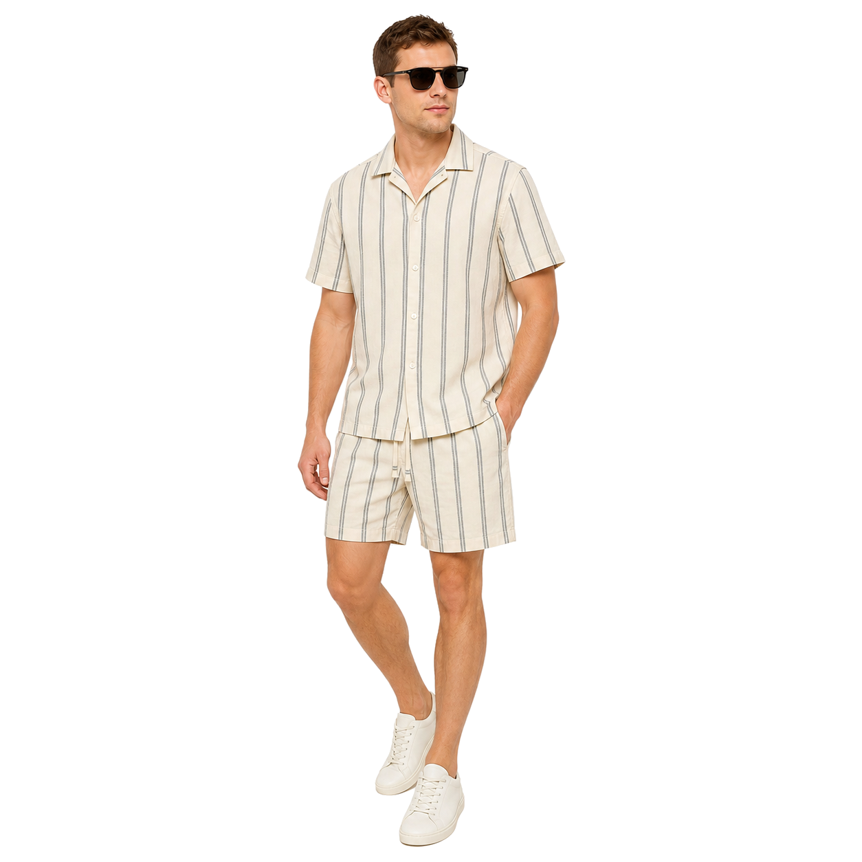 WEELZ striped linen shirt and shorts set in off-white and petrol, model look one