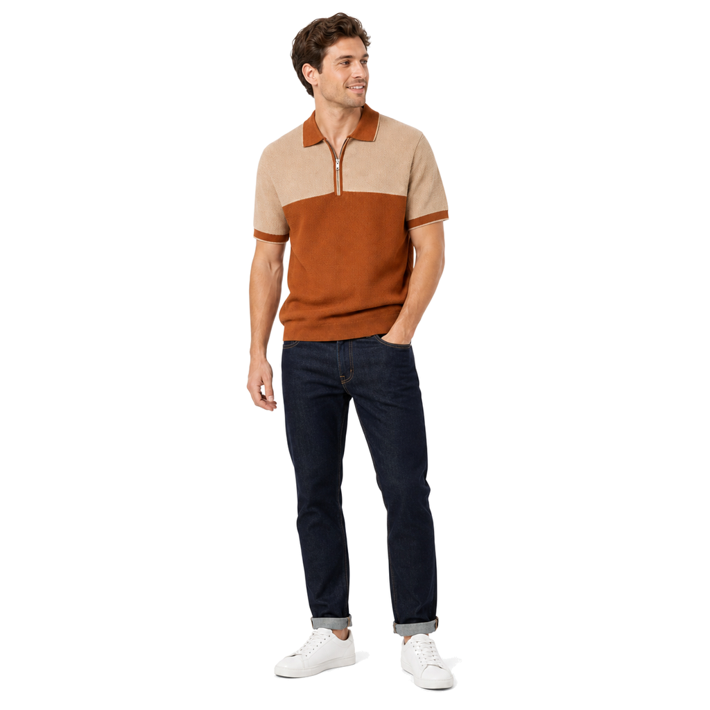 WEELZ Two-Tone Zip Knit Polo — Rust & Beige, model look 2