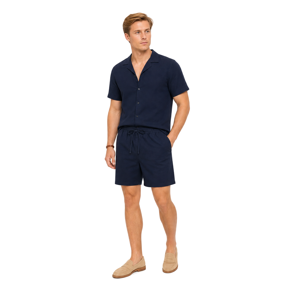 WEELZ Soft Camp-Collar Shirt & Shorts Set — Navy, model look 2