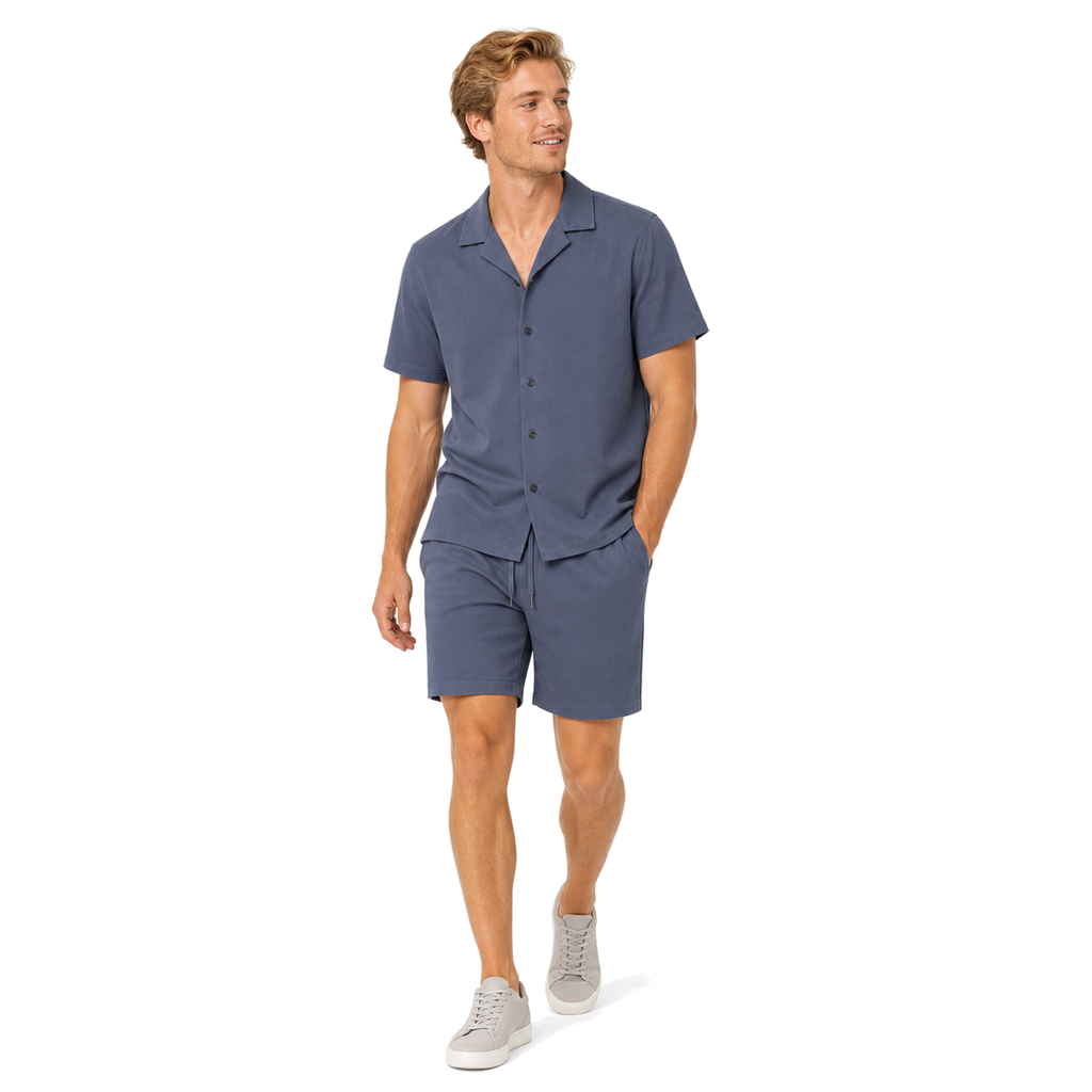 WEELZ Soft Camp-Collar Shirt & Shorts Set — Petrol Blue, model look 2