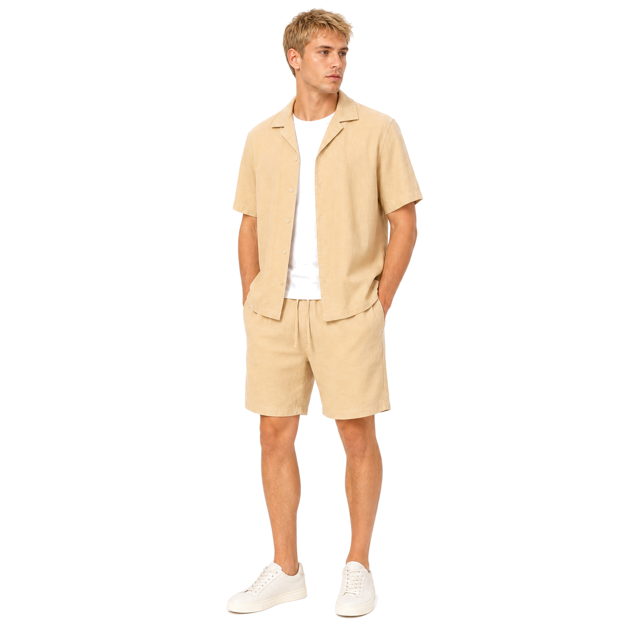WEELZ Soft Camp-Collar Shirt & Shorts Set — Beige, model look 2