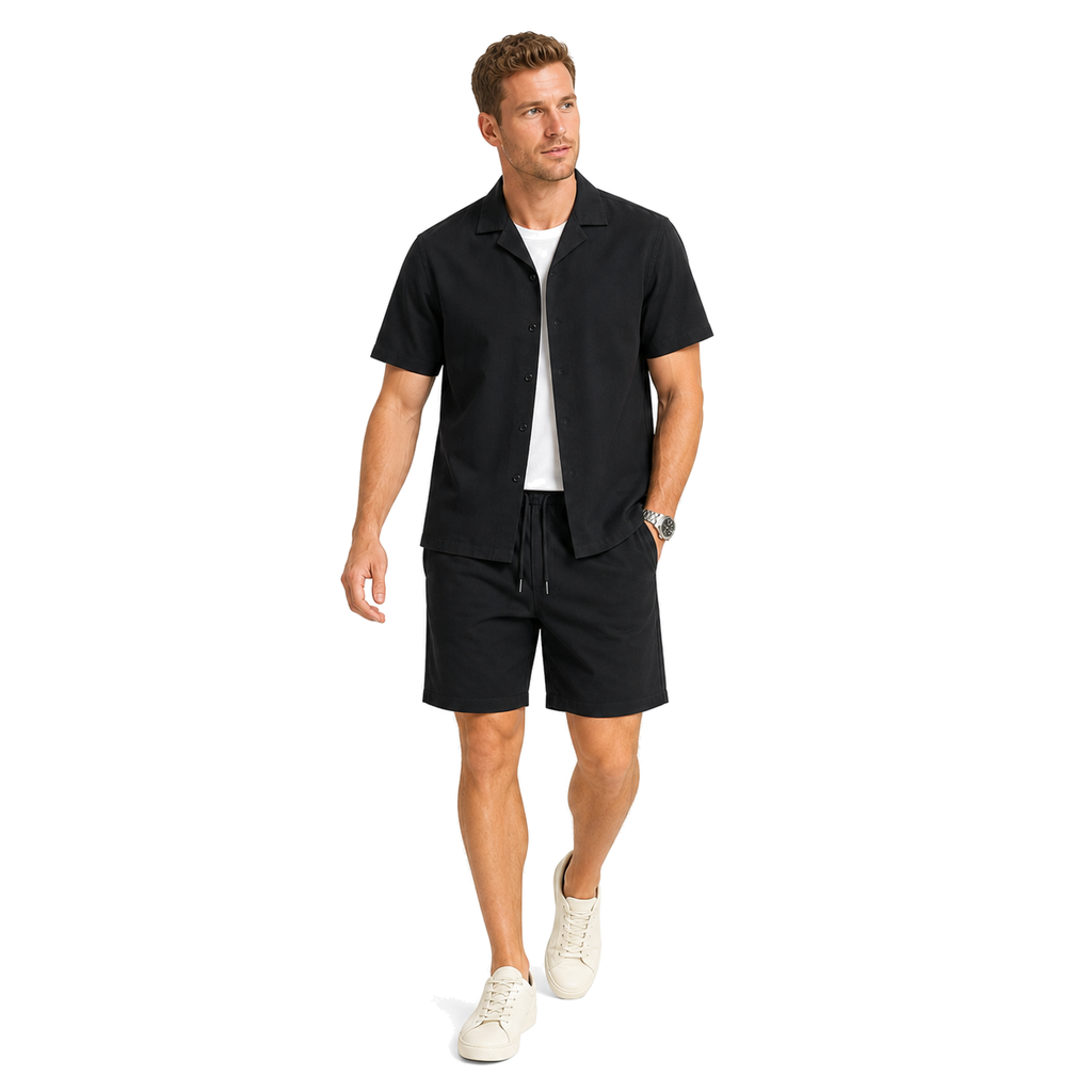WEELZ Soft Camp-Collar Shirt & Shorts Set — Black, model look 2