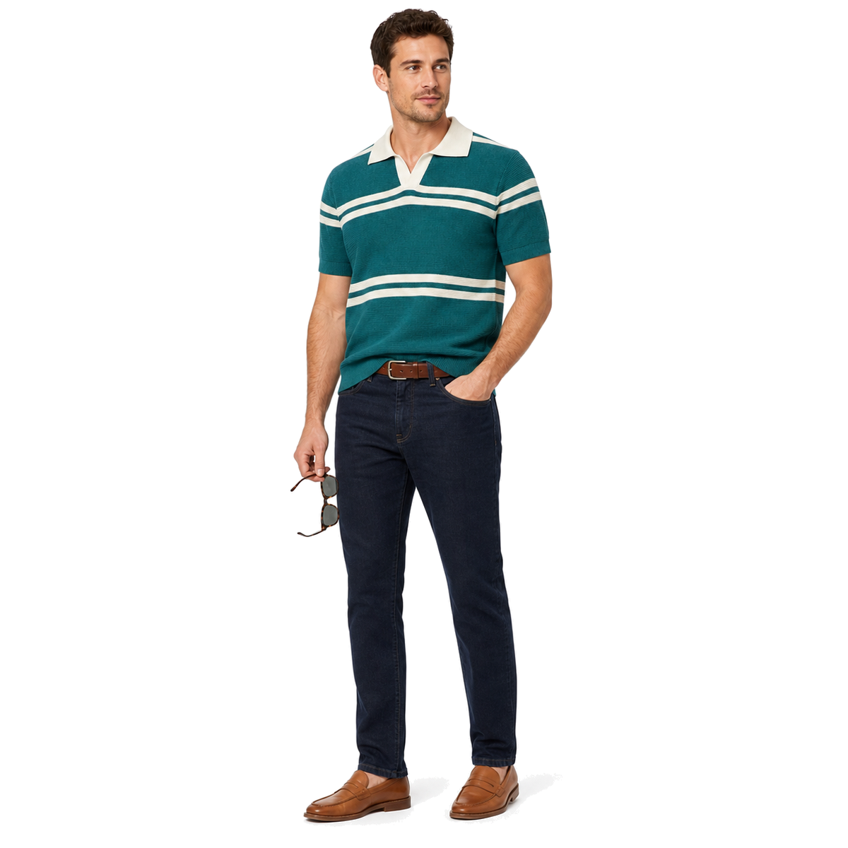 WEELZ Horizontal Stripe Open-Collar Knit Polo — Teal & Cream, model look 2