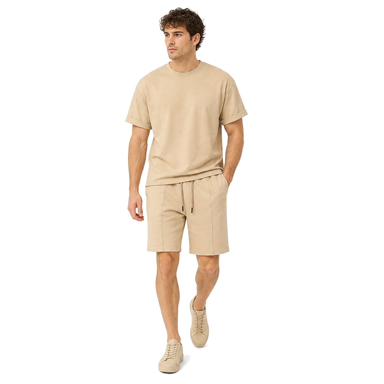 WEELZ cooling cotton crew-neck T-shirt and shorts set in beige, styled model view two