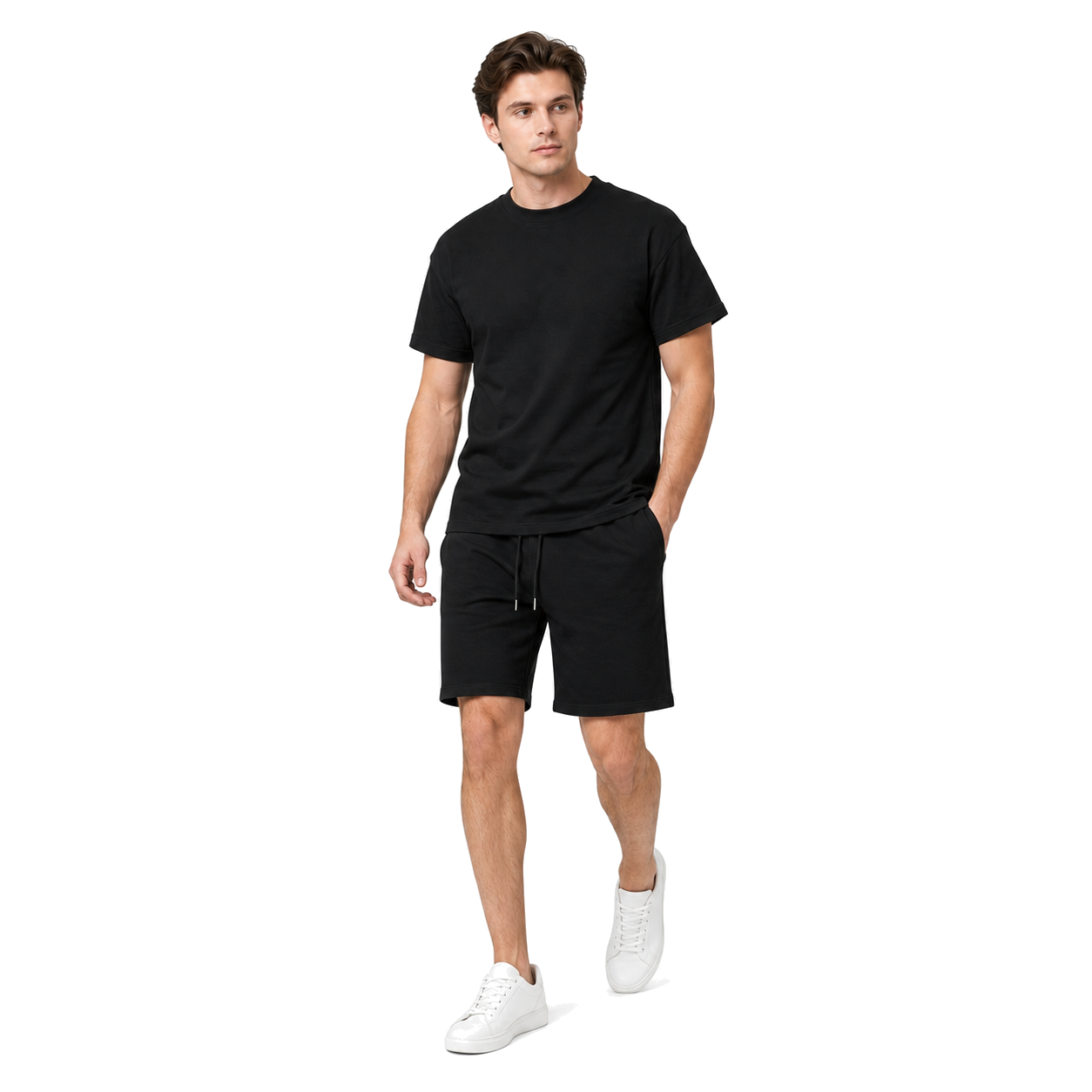WEELZ cooling cotton crew-neck T-shirt and shorts set in black, styled model view two
