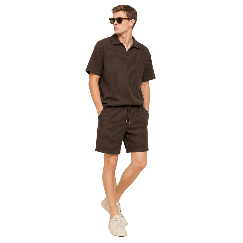 Model angled – WEELZ dark cocoa textured V-collar shorts set