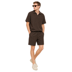 Model angled – WEELZ dark cocoa textured V-collar shorts set