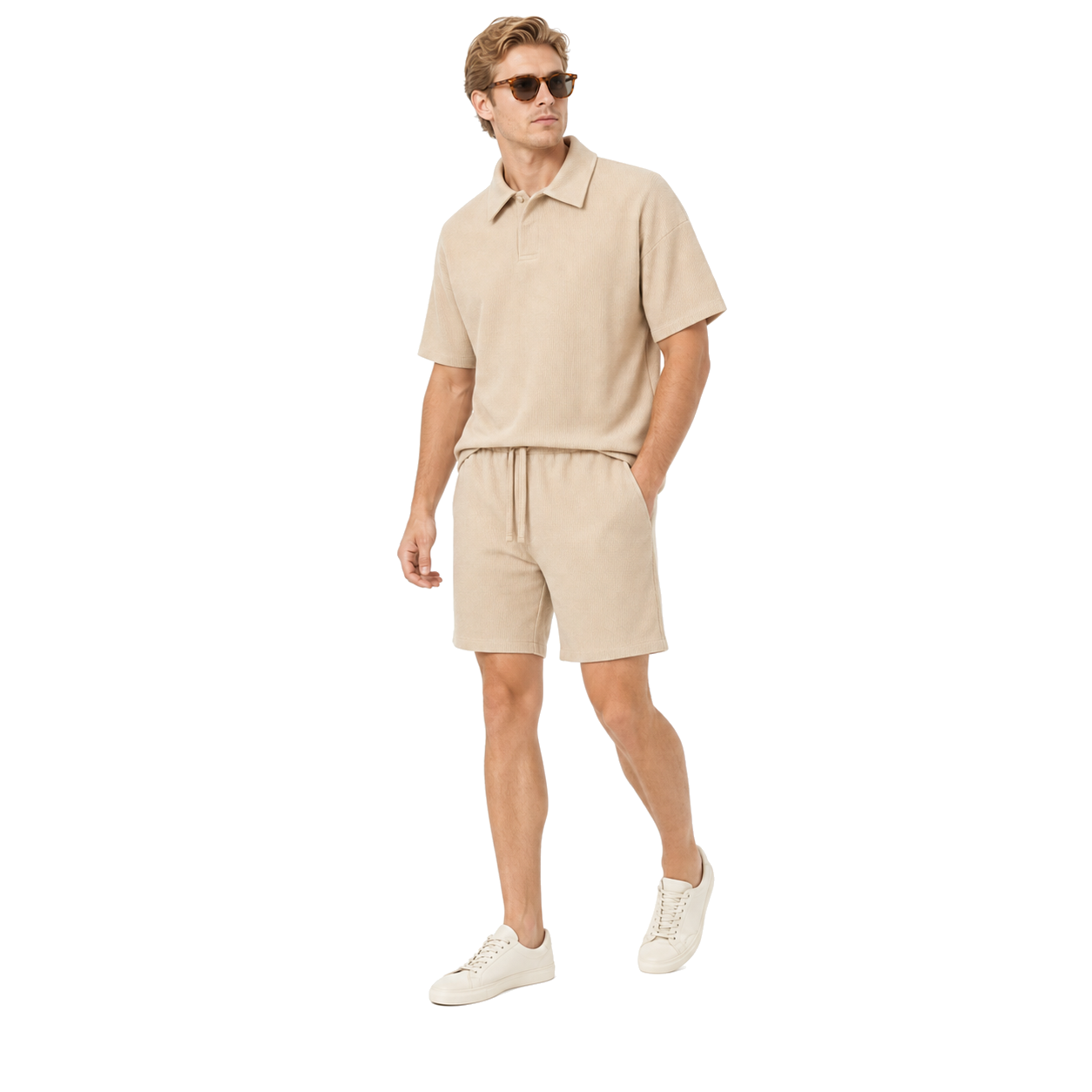 Model angled – WEELZ beige button-collar cotton shorts set