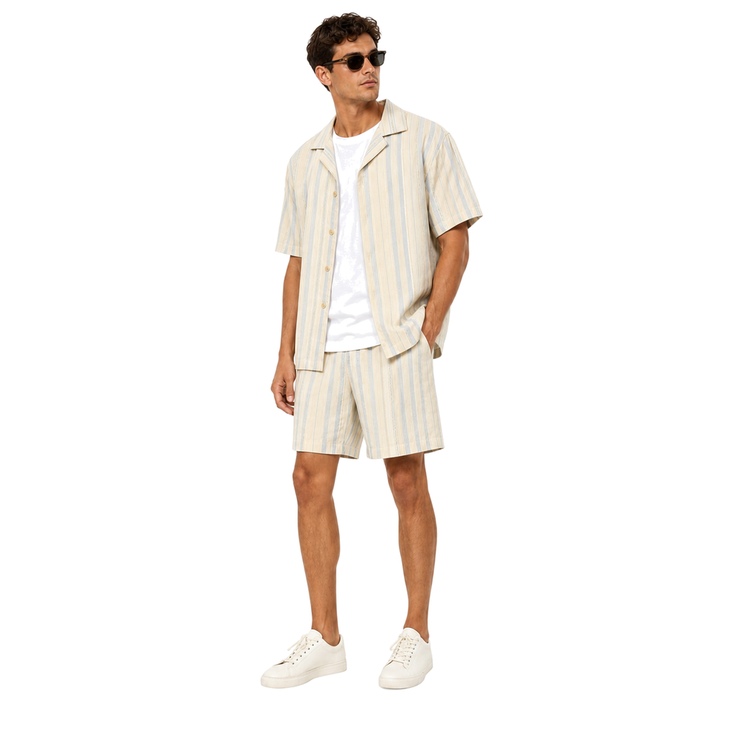 WEELZ striped linen shirt and shorts set in beige and sky blue, model look two