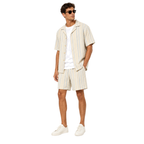 WEELZ striped linen shirt and shorts set in beige and sky blue, model look two