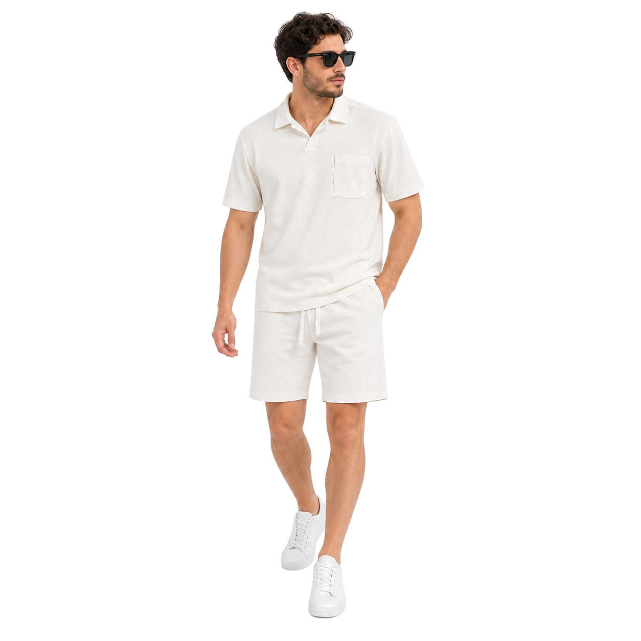 WEELZ pocket-collar cotton T-shirt and shorts set in white, model look two