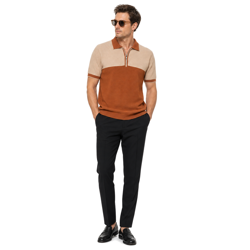 WEELZ Two-Tone Zip Knit Polo — Rust & Beige, model look 3