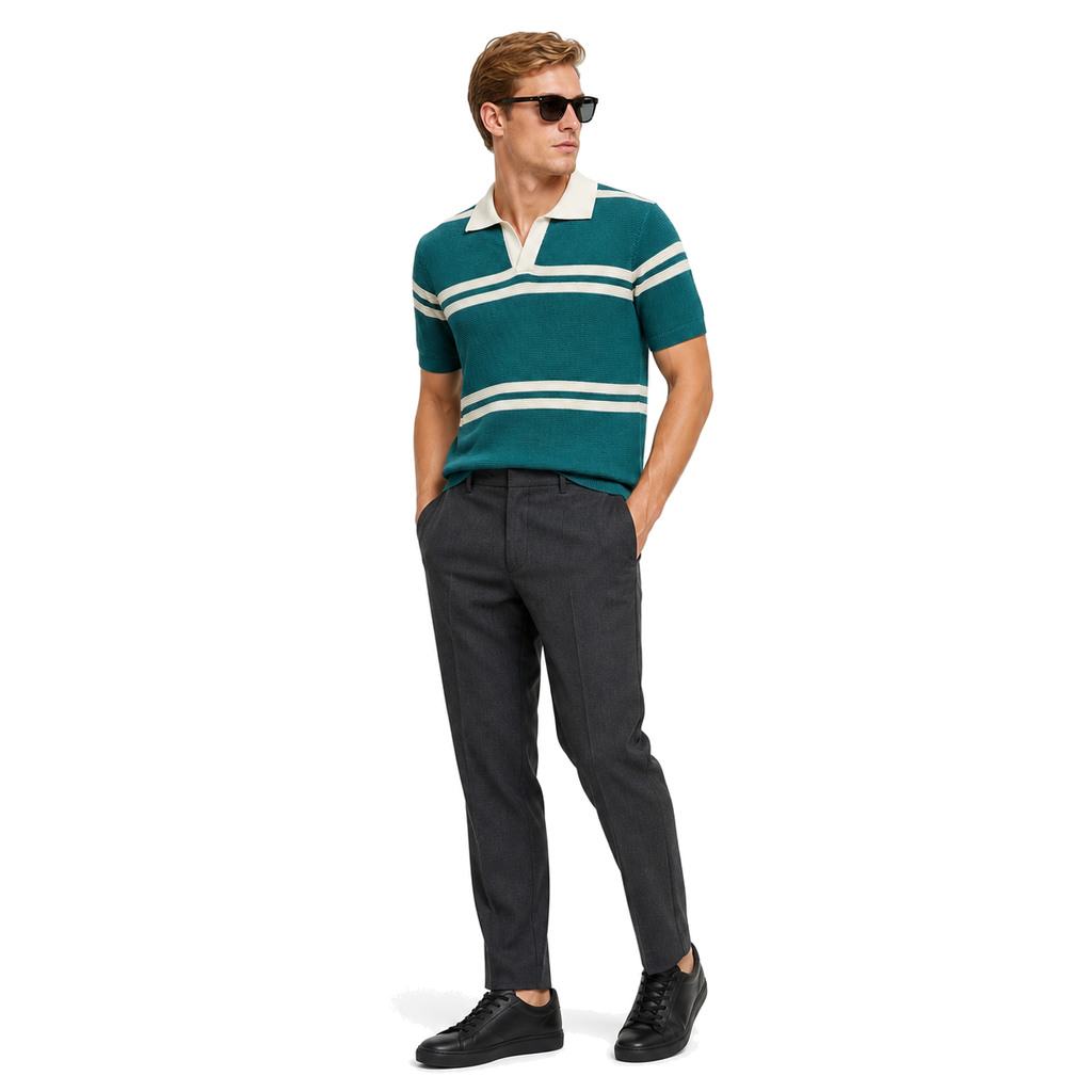 WEELZ Horizontal Stripe Open-Collar Knit Polo — Teal & Cream, model look 3