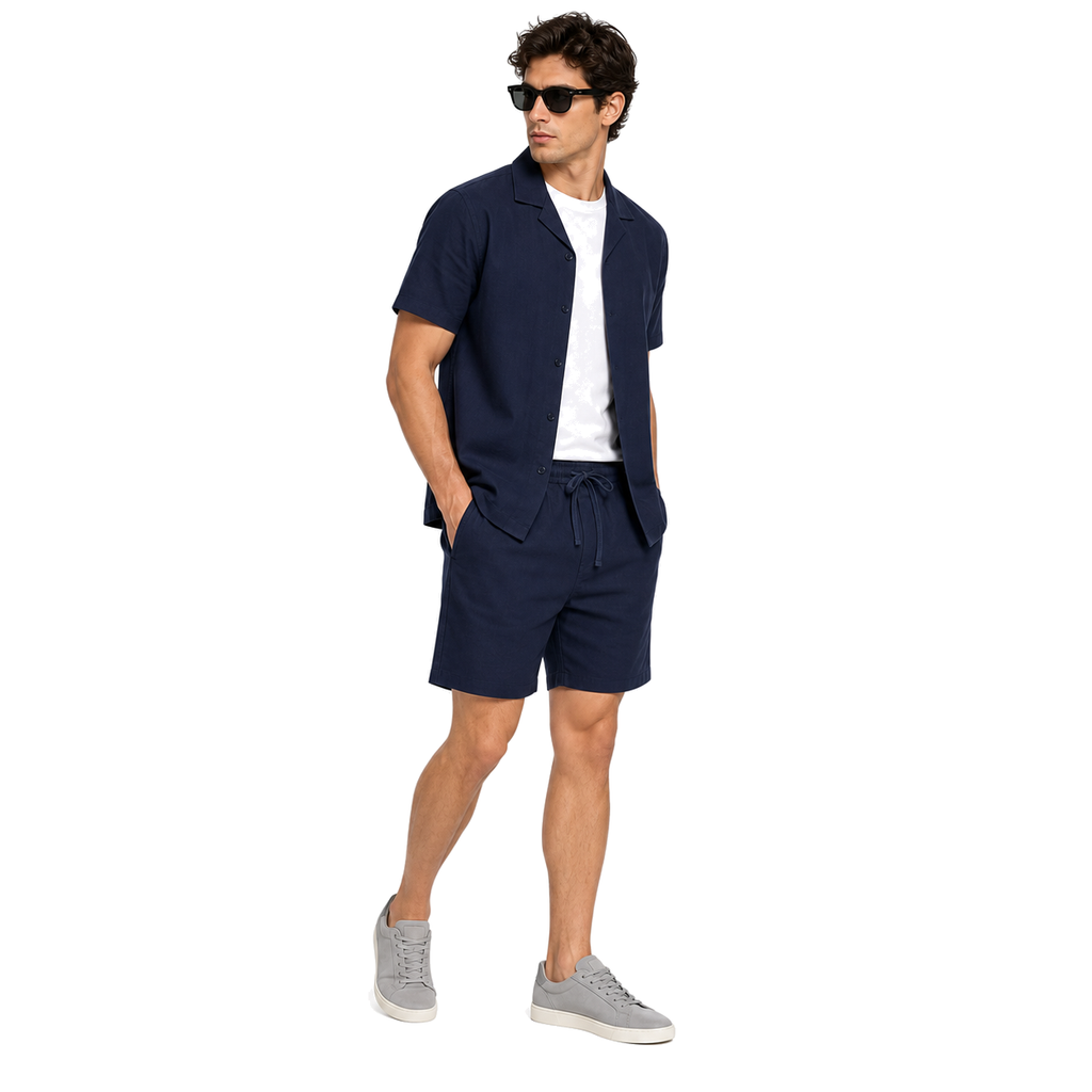 WEELZ Soft Camp-Collar Shirt & Shorts Set — Navy, model look 3