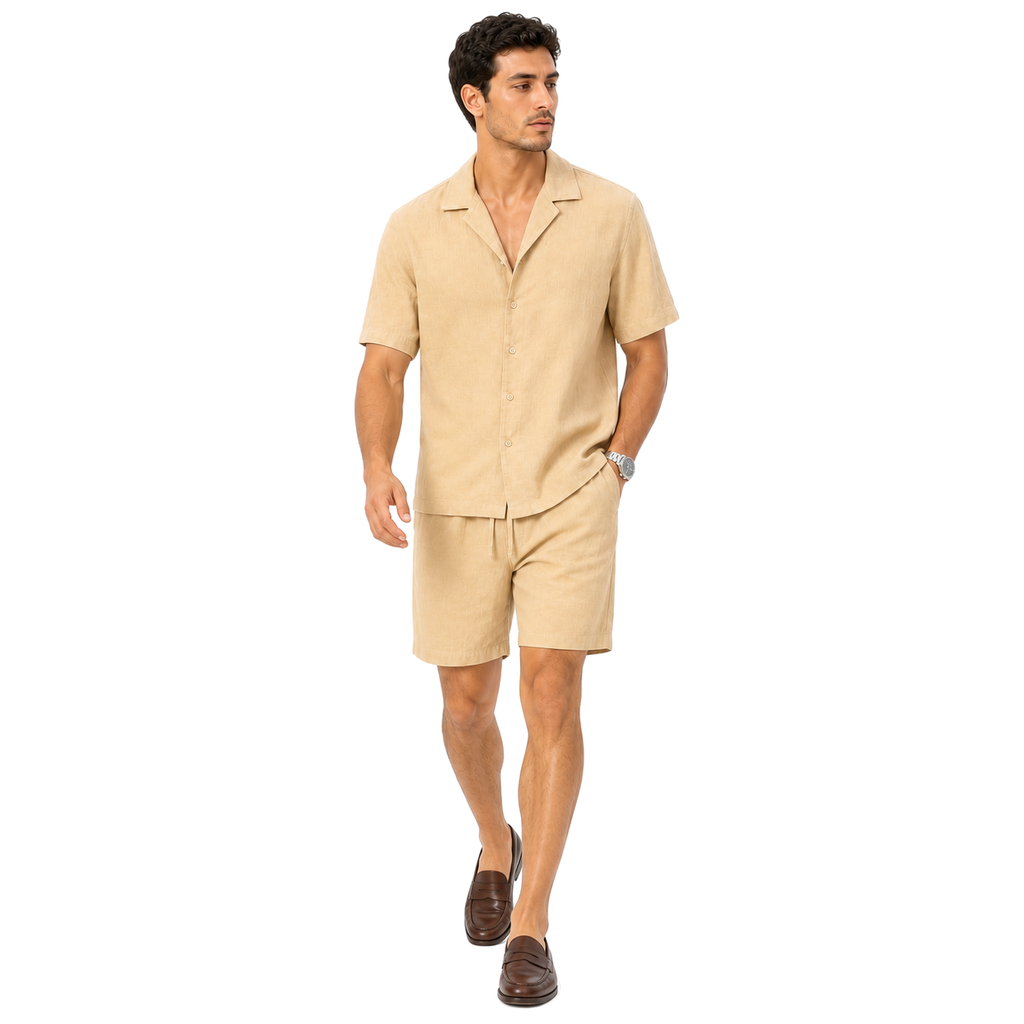 WEELZ Soft Camp-Collar Shirt & Shorts Set — Beige, model look 3